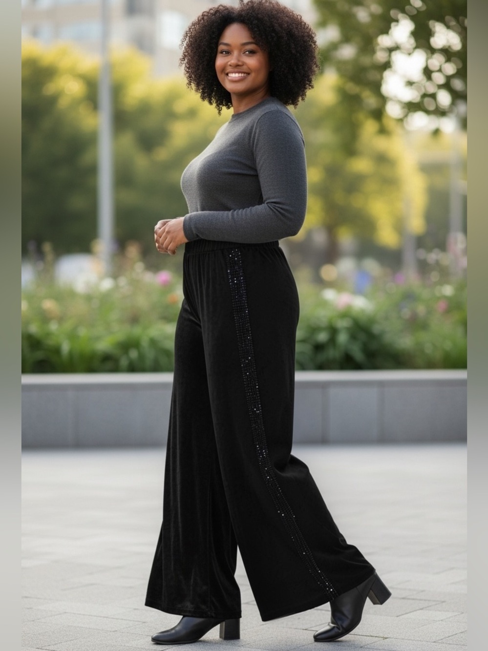 NWT JS Millenium Black Velvet Wide Leg Pants Rhinestone Trim L